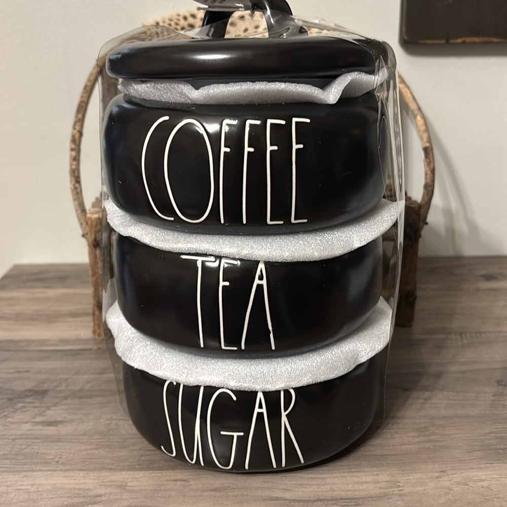 NEW RAE DUNN 3pc BLACK Stacking Tea, Coffee and Sugar Ceramic Canisters